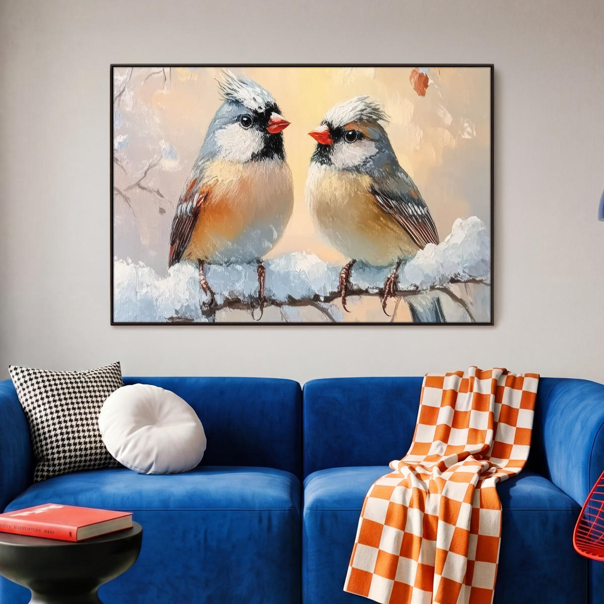 LEINWAND Bilder mit Rahmen - Vögel - Zweig - Winter - Schnee - 90x60 - Pastellblau, Textil (90/60cm) - MuchoWow