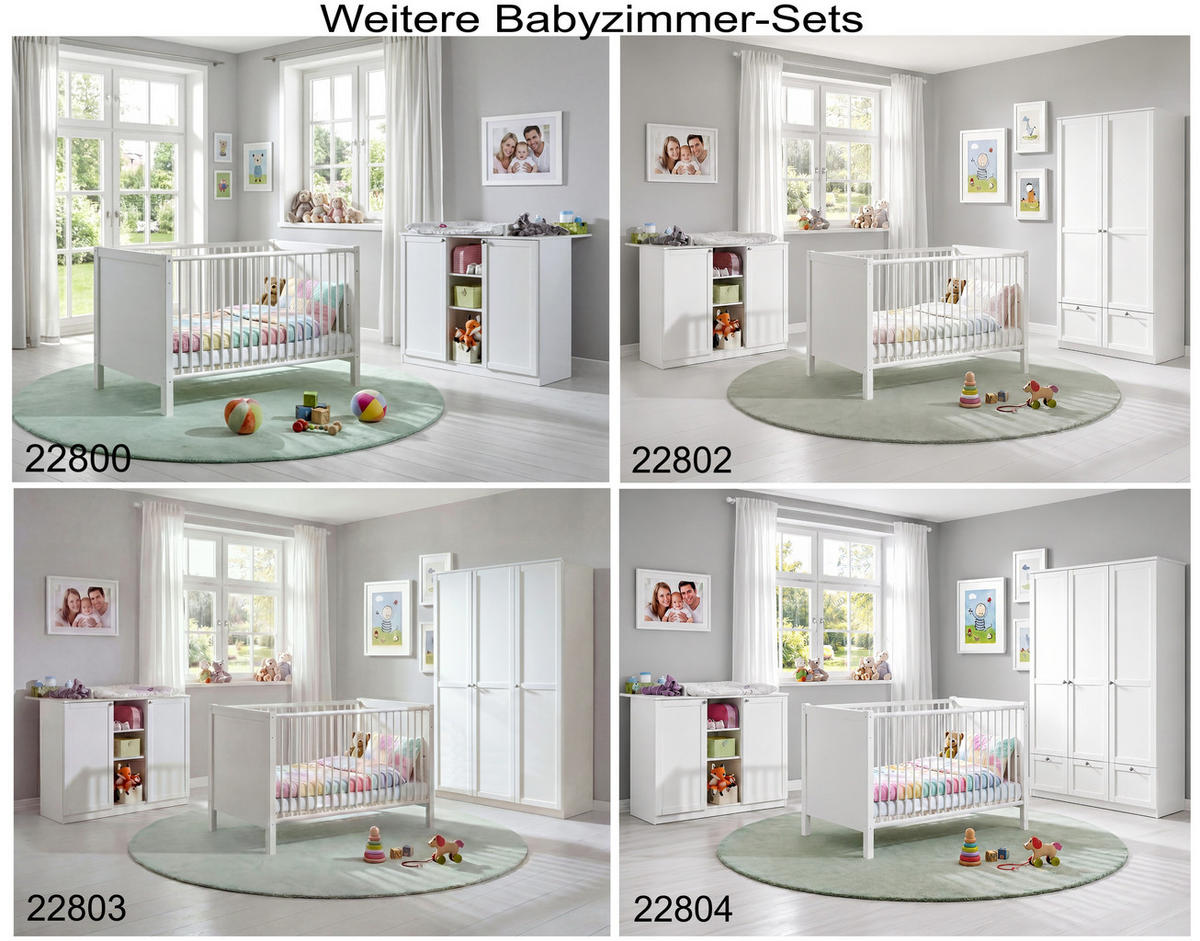 BABYZIMMER-SET 3-tlg.: Babybett & Wickelkommode & Kleiderschrank 2-türig B90/H197/T58 cm, Soft-Close, Landhausstil Weiß / 22801 - Silberfarben/Weiß, Holzwerkstoff/Metall (76/83/146cm) - luma-home