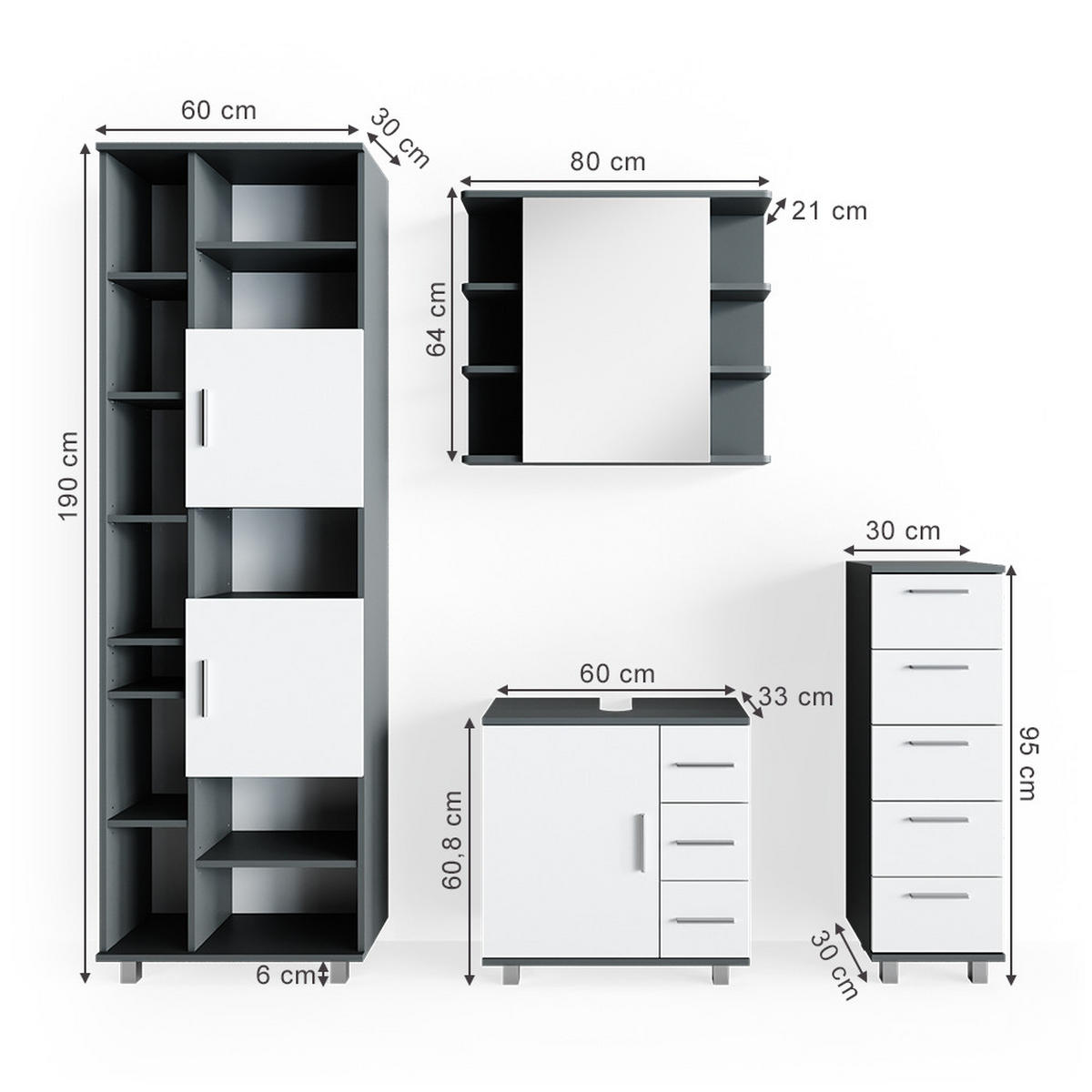BADMÖBEL-SET Ilias Anthrazit 4 Teile - Anthrazit/Weiß, Holzwerkstoff (60/60/33cm) - Vicco
