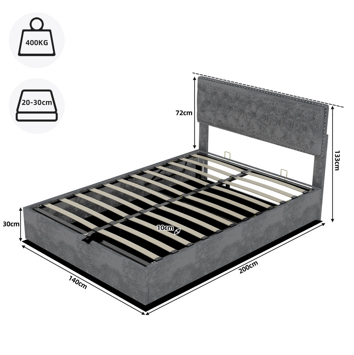 POLSTERBETT 140/200 cm grau aus Stoff und Metall mit Stauraum - Grau, Textil (140/200cm) - OKWISH