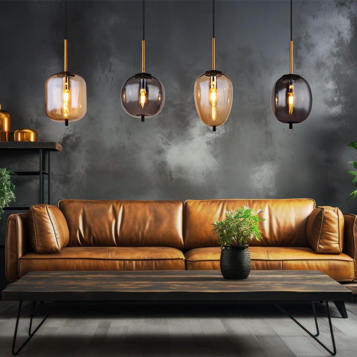 HÄNGELEUCHTE Metall Schwarz Amber-Glas 4-Flammig - Schwarz, Glas (110/18.5/120cm) - Globo Lighting
