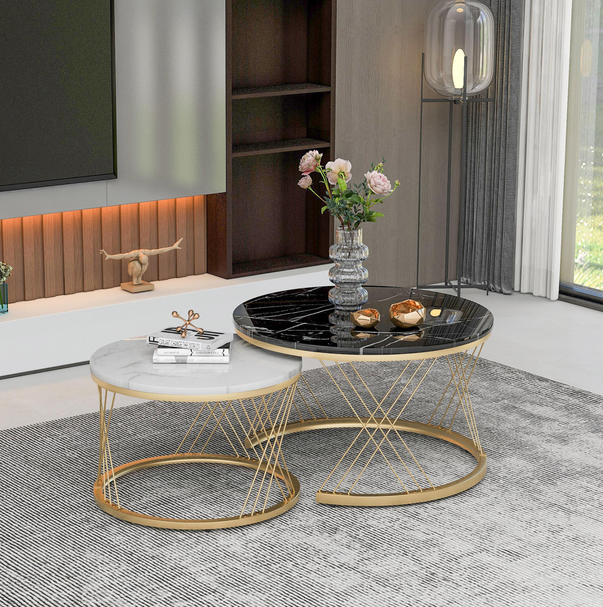 COUCHTISCH-SET 70/70/45 & 45/45/40 cm mit Marmordekor und Goldgestell - Schwarz, Holzwerkstoff (70/70/45cm) - Flora Grace