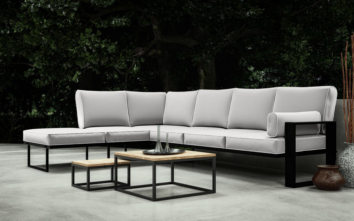 ECKSOFA Garten Hellgrau, schwarze Metallbeine - Grau, Holzwerkstoff/Metall (292/90/195cm) - Bettso