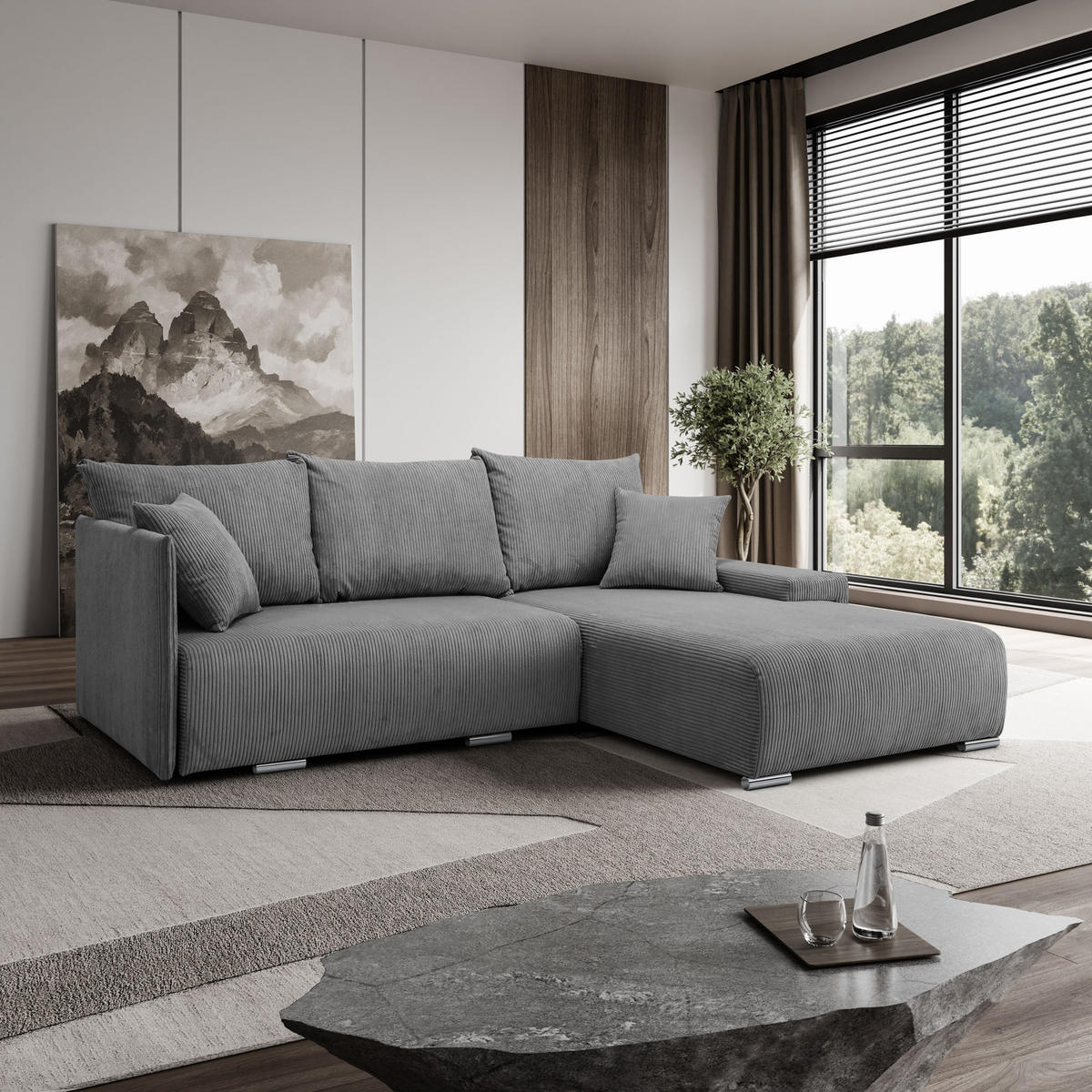 ECKSOFA L-Form Schlaffunktion Livorno Cord-Stoff Grau Rechts - Chromfarben/Schwarz, Holz/Kunststoff (246/188cm) - Kaiser Möbel