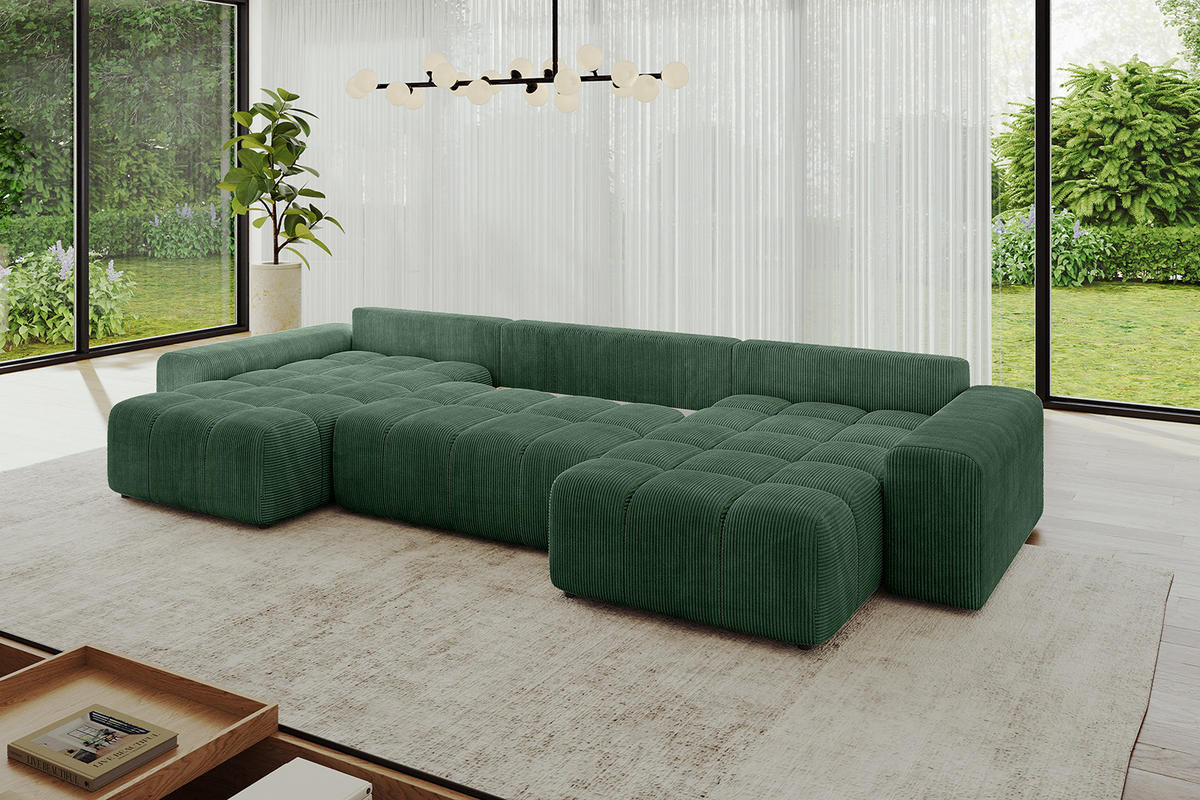 WOHNLANDSCHAFT ENIL-U 390x175x84 Grün Cord - Grün, Holzwerkstoff/Kunststoff (390/84/175cm) - ALTDECOR