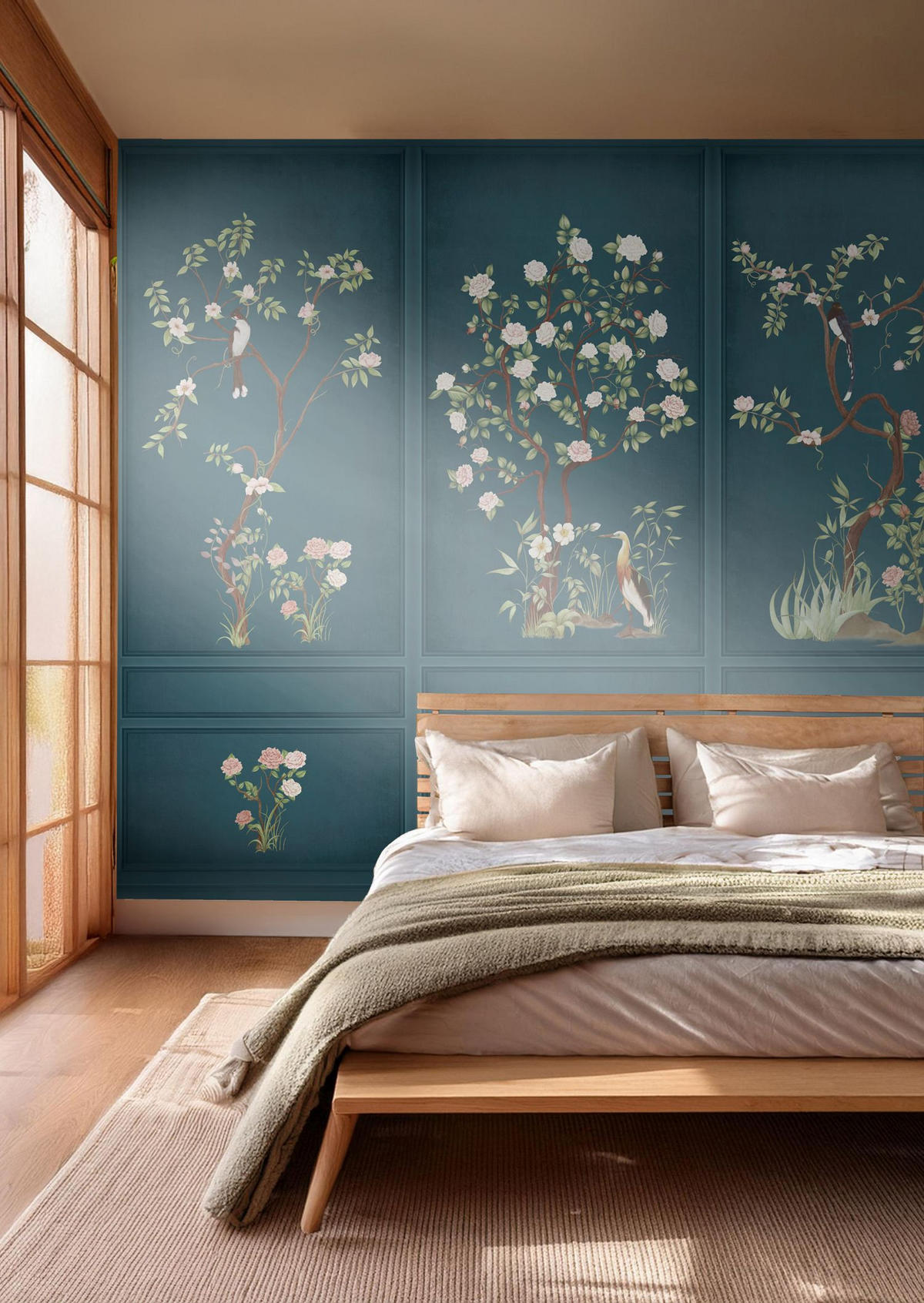 FOTOTAPETE Blumen und Vögel 318 x 280 cm - Blau, Papier (318/280cm) - Sanders & Sanders
