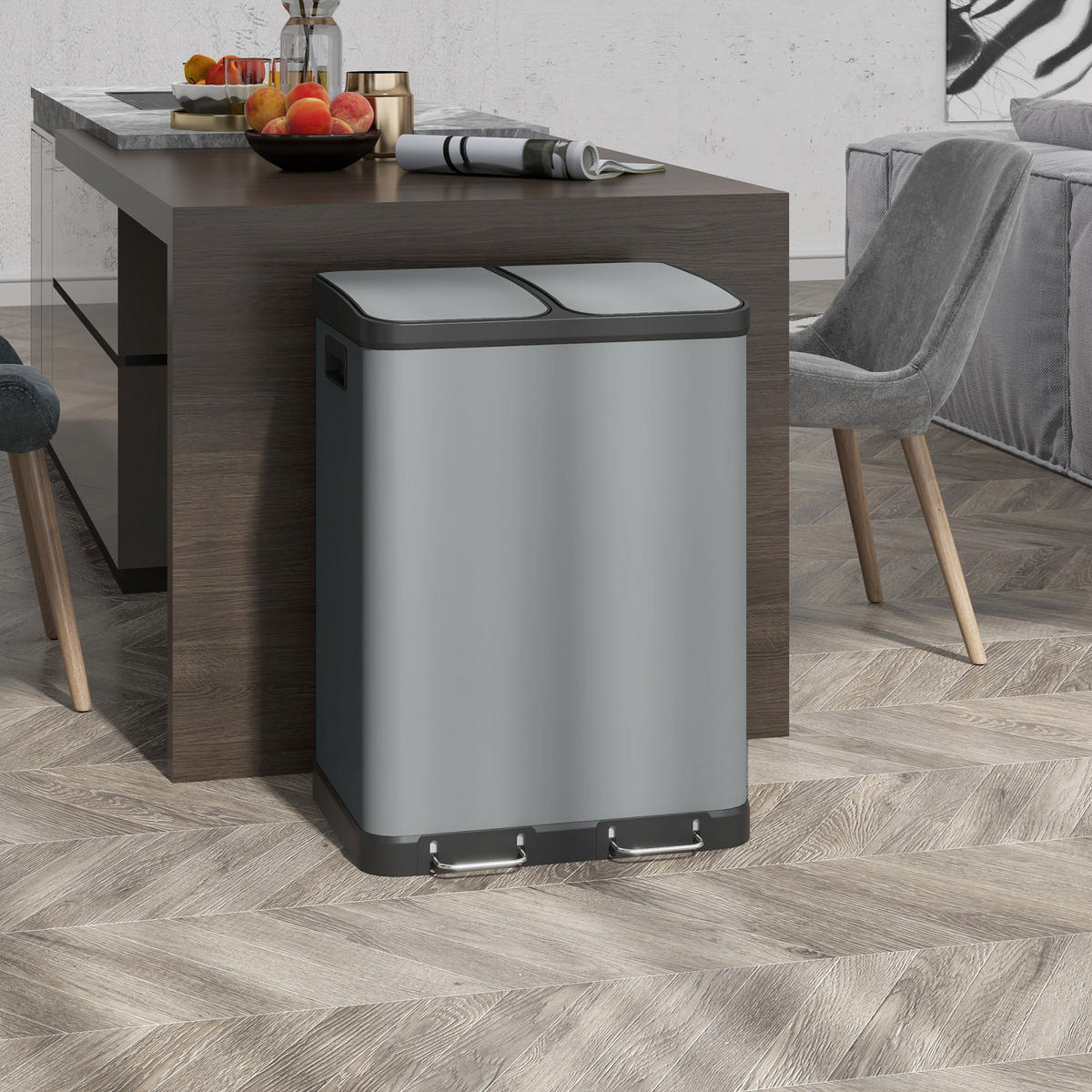 MÜLLEIMER 2 x 30L - Grau, Metall (39.5/67/48.8cm) - HOMCOM