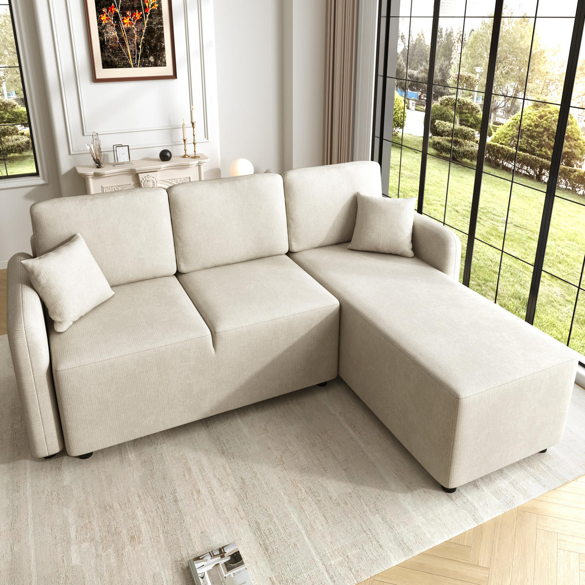 ECKSOFA 187.5/144/85.5 cm Hellbeige Chenille mit 2 Kissen - Beige, Holz/Textil (187.5/144cm) - Oxeza