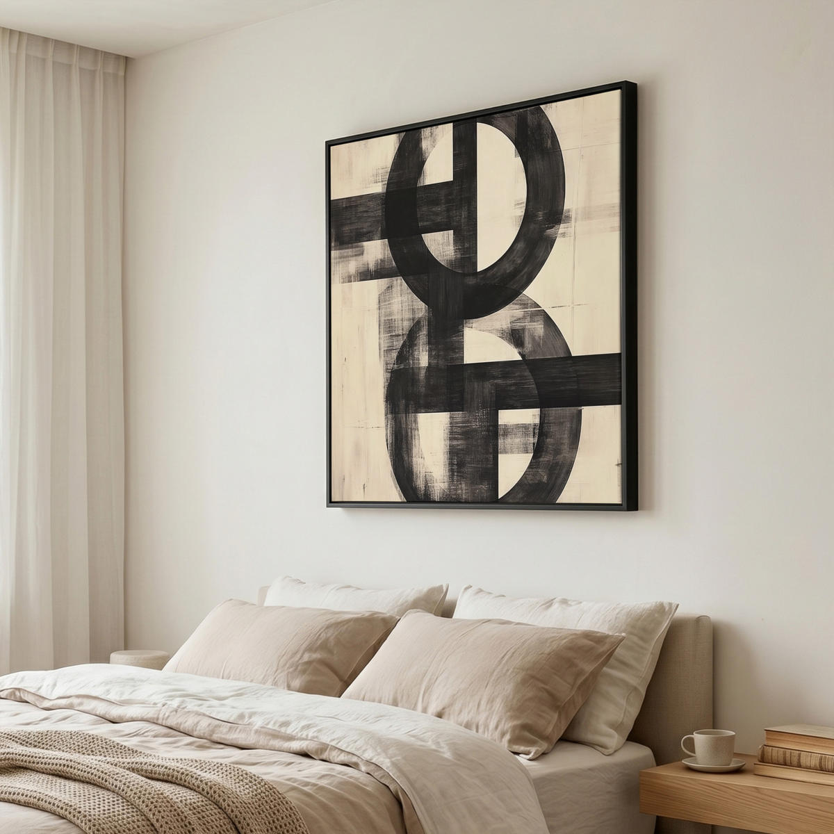 LEINWAND Bilder mit Rahmen - Kreise - Balken - Schwarz - Abstrakt - 90x90 - Schwarz, Textil (90/90cm) - MuchoWow