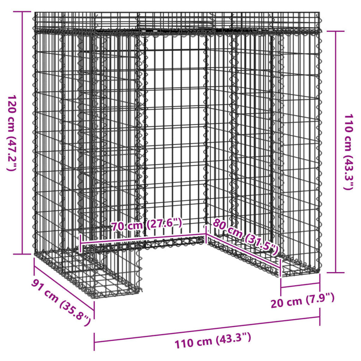 1ER Gabionen Mülltonnenbox ESOL mit Dach | 120x110x91cm | Für 1 Tonne - Silberfarben, Metall (110/120/91cm) - DELUKE