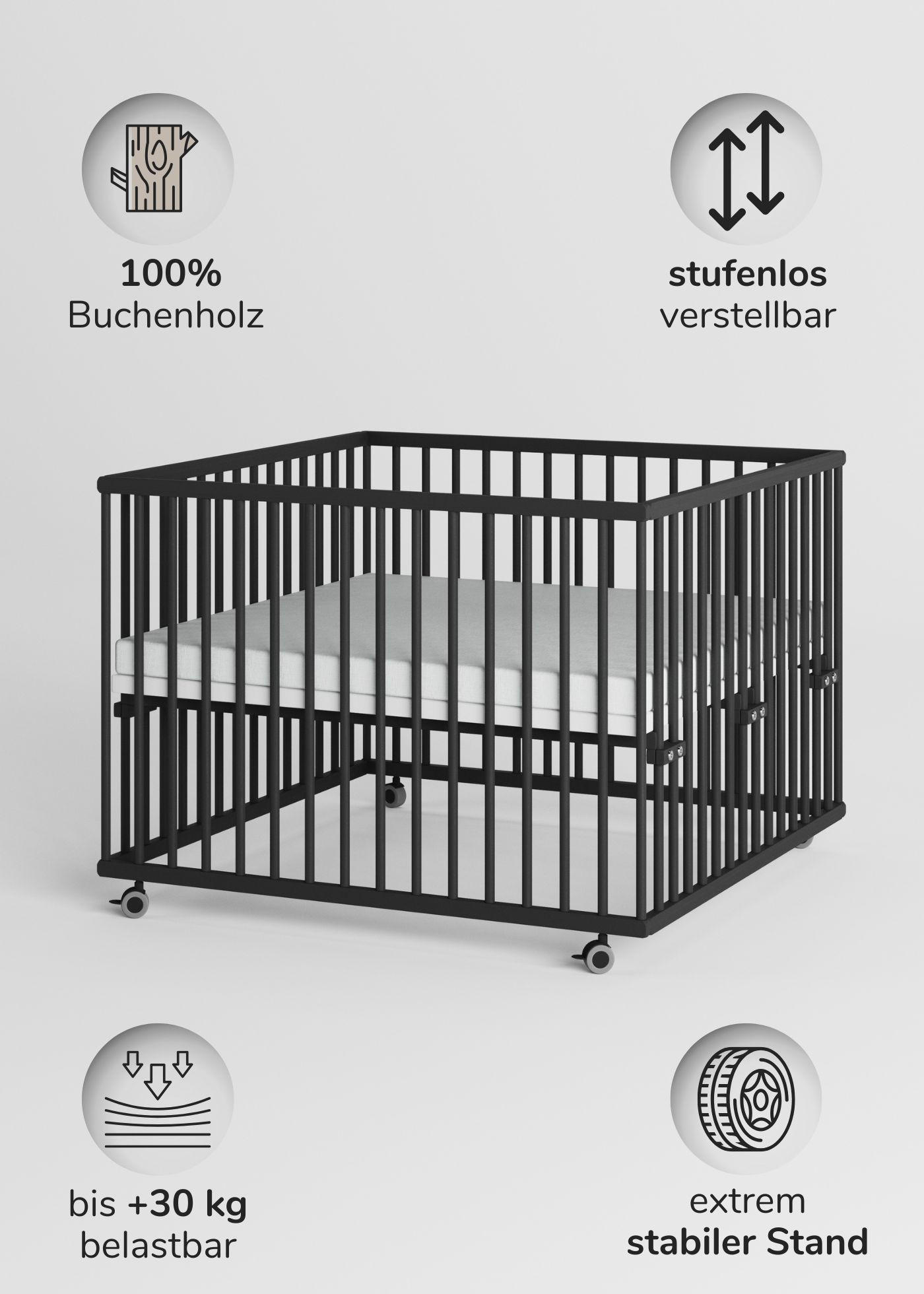 LAUFGITTER 100x100 cm mit Matratze - Black Edition - Premium Kollektion - Schwarz, Holz (100/74/100cm) - Sämann – make a difference.