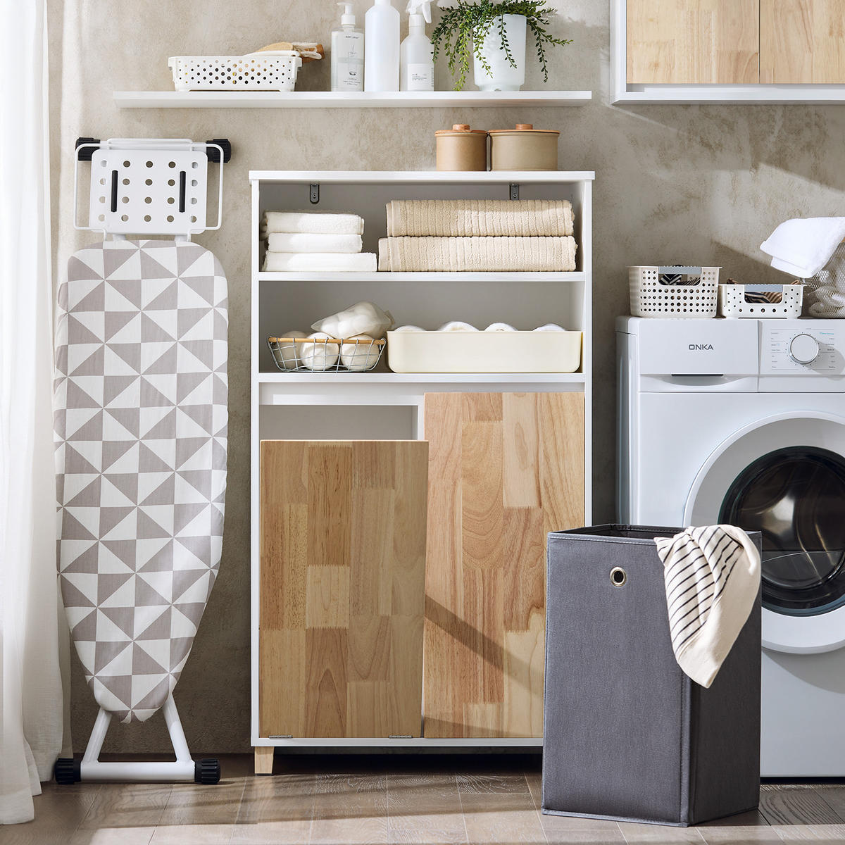 WÄSCHESCHRANK mit Wäschesack Weiß-Natur - Weiß/Naturfarben, Holz/Holzwerkstoff (64/110/33cm) - SoBuy
