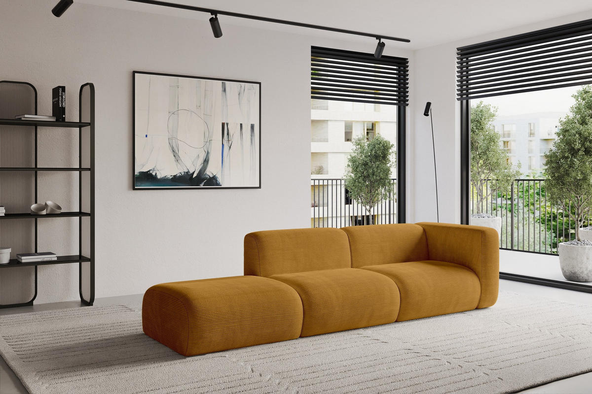 SOFA Ottomane Rechts MIRA-S3 296x89x70 Senfgelb Cord - Currygelb/Schwarz, Holzwerkstoff/Kunststoff (296/70/89cm) - ALTDECOR