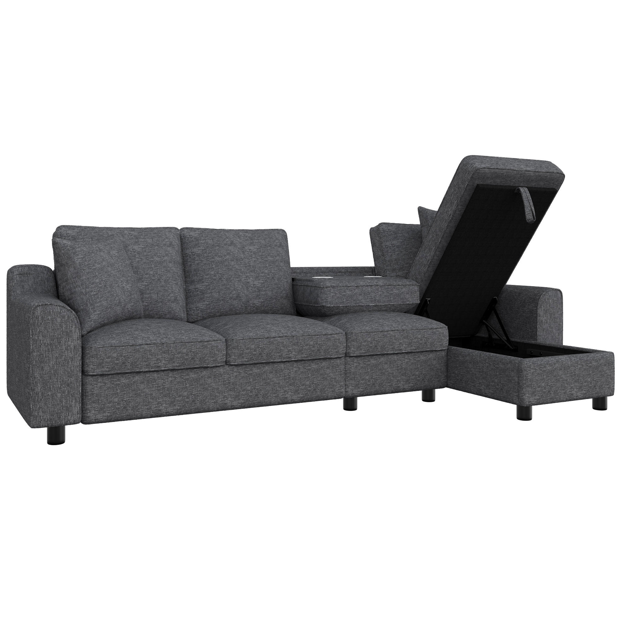 ECKSOFA 280/136/82 cm grau aus Chenille mit Stauraum und Getränkehaltern - Grau, Textil (136/280cm) - OKWISH