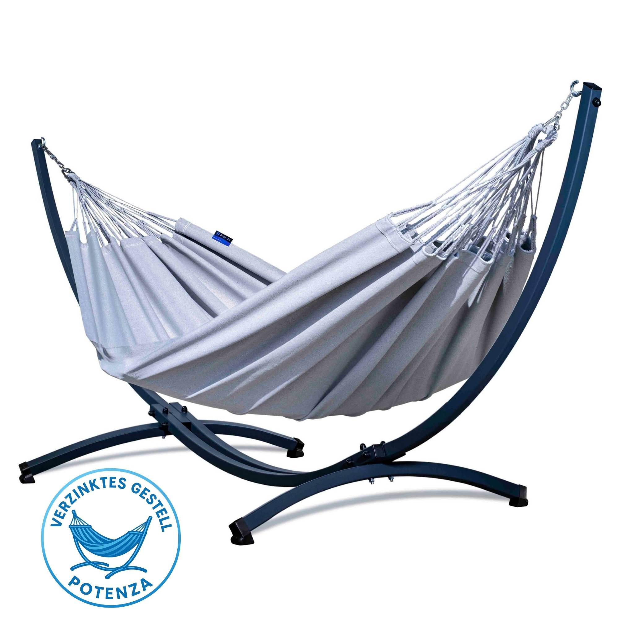 HÄNGEMATTE mit Verzinktem Gestell, 2 Personen, XXL, 200 kg, Metall, Merida Grau, einfache Montage - Grau, Metall (370/130/120cm) - Potenza