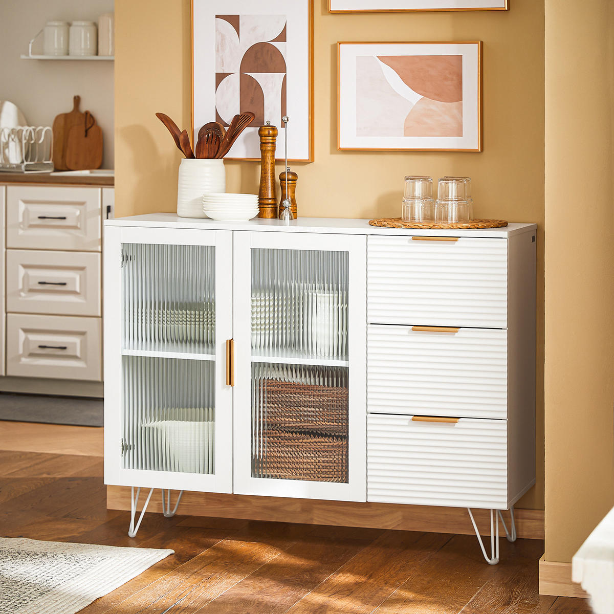 VITRINE Weiß - Goldfarben/Weiß, Glas/Holzwerkstoff (108/85/40cm) - SoBuy