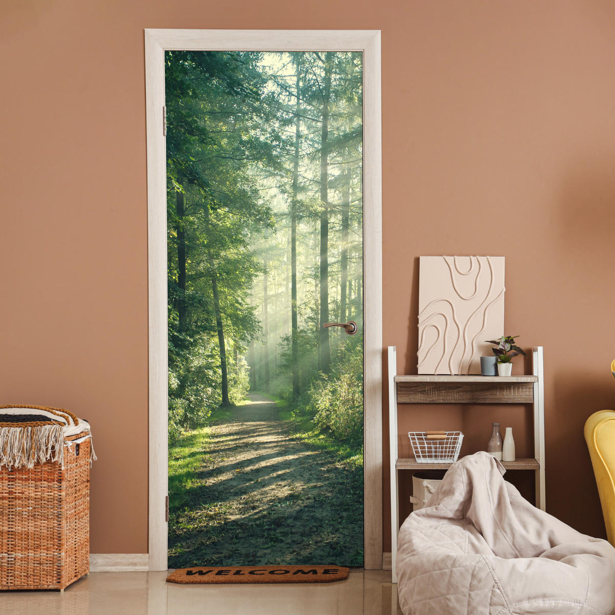 TÜRAUFKLEBER Wald - Weg - Sonne - Bäume - Grün - Natur Deko Wohnzimmer 95x235 cm - Türtapete - Waldgrün, Kunststoff (95/0.1cm) - MuchoWow