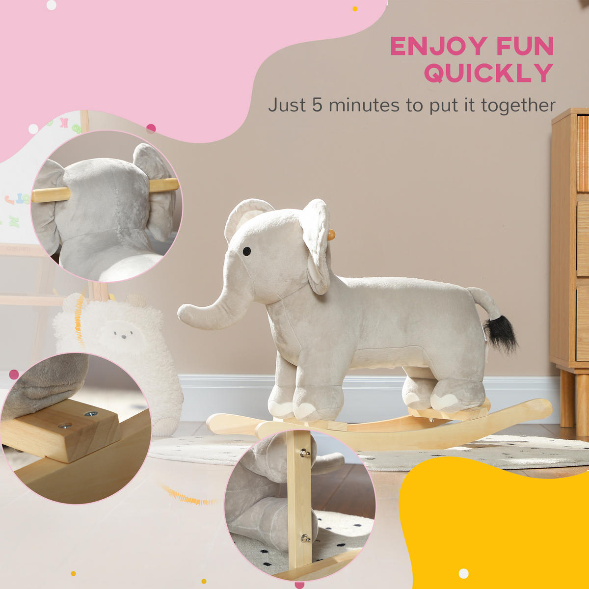 SCHAUKELTIER Schaukelelefant mit Soundfunktion und Griffen für 2-4 Jahre Kinder - Grau, Textil/Metall (31/52/64.5cm) - AIYAPLAY
