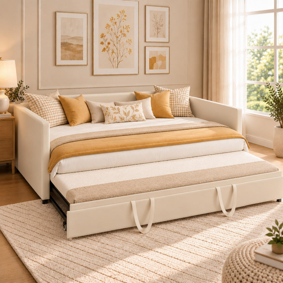 SCHLAFSOFA Samt creme ausziehbar mit Gästebett Funktion 3-fach umwandelbar Tagesbett mit Rollen - Beige, Metall (183/74/213cm) - Joyfair