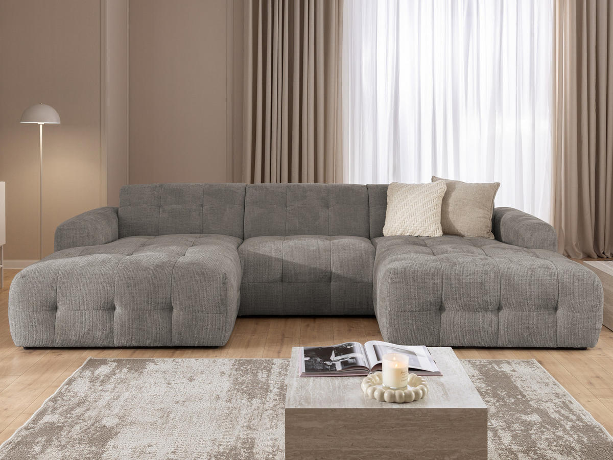 WOHNLANDSCHAFT Kozy im Bumpy-Design mit fester Rückenlehne aus weichem Taupe Chenille-Stoff - Taupe/Schwarz, Holz/Kunststoff (323/79/161cm) - S-Style Möbel