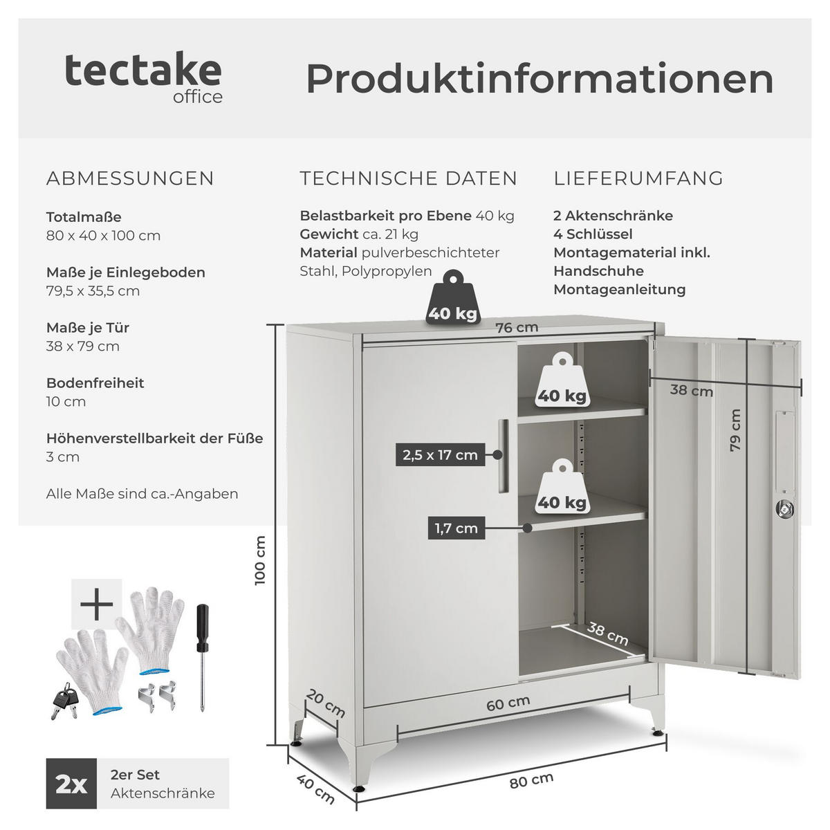 AKTENSCHRANK Blake, Kippschutz, höhenverstellbare Füße, grau - Grau, Metall (80/100/40cm) - tectake