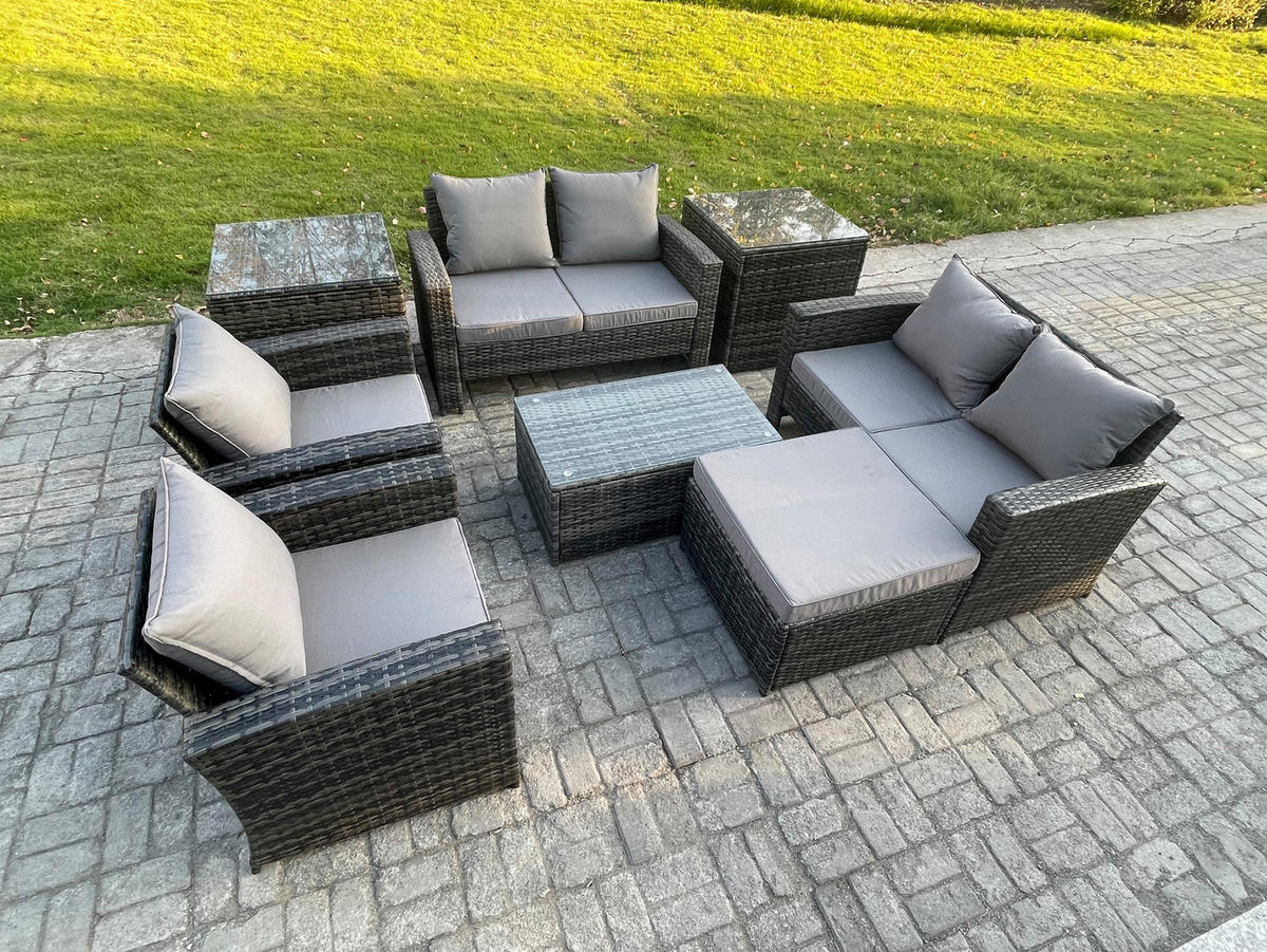 GARTENSOFA STUHL SET MIT COUCHTISCH 2 BEISTELLTISCHE HOCKER Polyrattan Dunkelgrau Gemischt 7-Sitzer - Dunkelgrau, Metall - Fimous