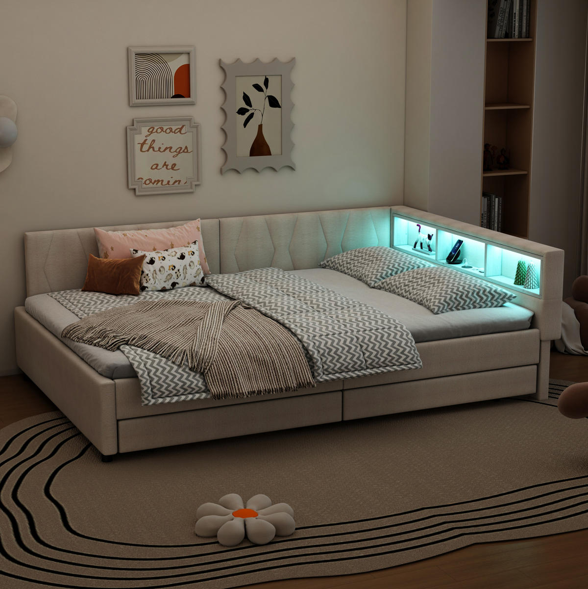 ČALÚNENÁ posteľ z ľanu a MDF 140x200 cm béžová s LED osvetlením, USB/Type C, zásuvkami a úložným priestorom - béžová, textil (140/200cm) - Modfu