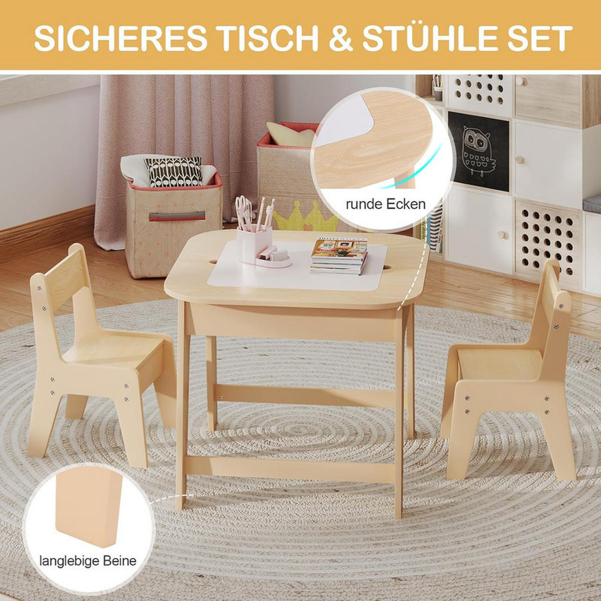KINDERTISCH mit 2 Stühlen natur (3-tlg) - Naturfarben, Holzwerkstoff (60/49/60cm) - COSTWAY