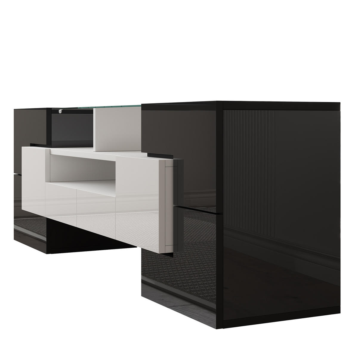 LOWBOARD in Weiß und Schwarz mit LED und Glasoberfläche für Wohnzimmer, 145/B30/H51cm - Schwarz/Weiß, Glas/Holzwerkstoff (145/51/30cm) - STILVORA