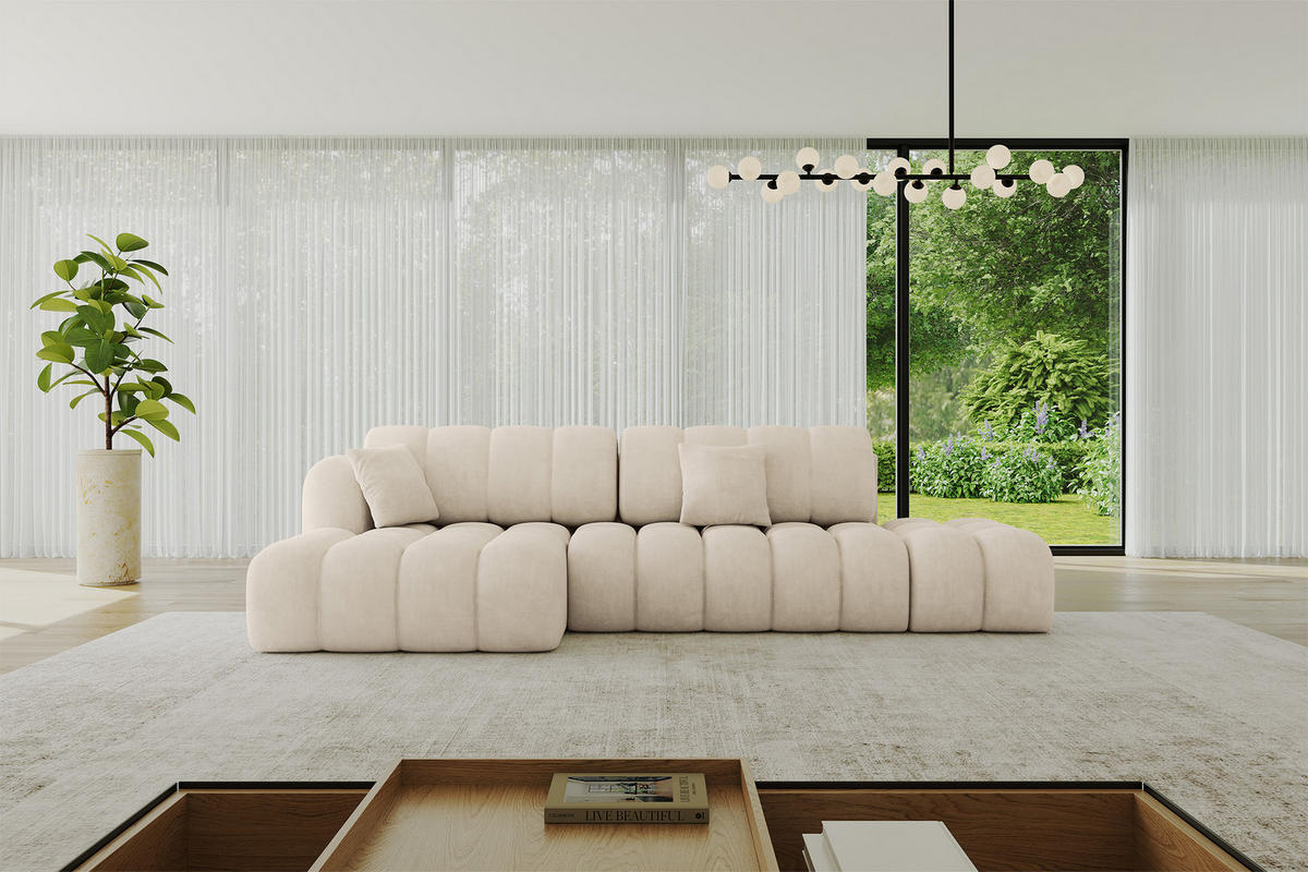 ECKSOFA mit Schlaffunktion Ottomane Links OLEA-L2 321x164x75 Beige Velours - Sandfarben/Schwarz, Holzwerkstoff/Kunststoff (321/164cm) - ALTDECOR