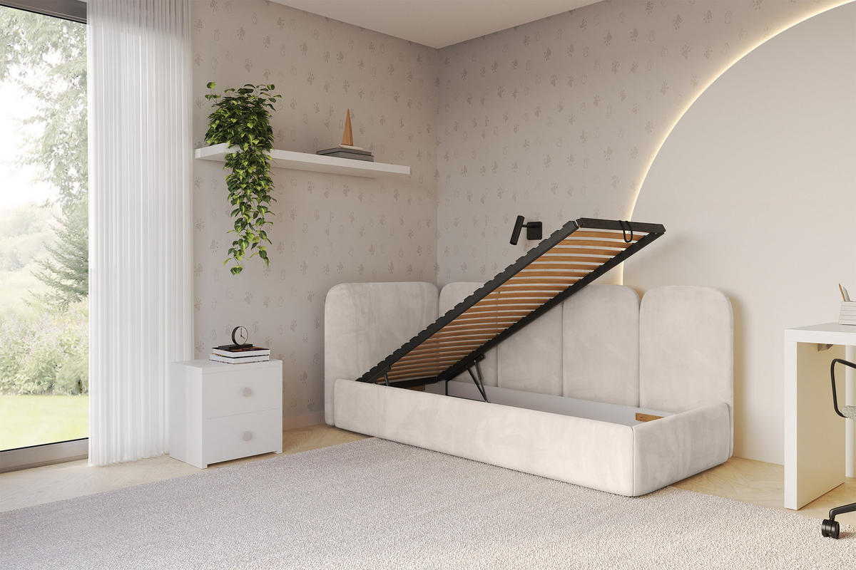 EINZELLBETT Jugendbett mit Bettkasten und Matratze H3/H4, Rechts - VELY 80x200 Beige - Sandfarben, Holzwerkstoff/Textil (80/200cm) - ALTDECOR