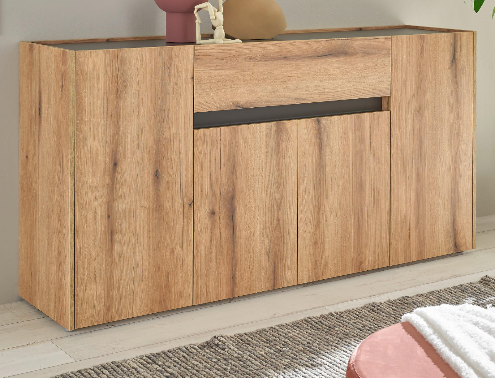 SIDEBOARD Eiche Evoke, grau 170 cm, Kommode 4-türig - Eichefarben/Schwarz, Holz/Holzwerkstoff (170/87/40cm) - Furn.Design
