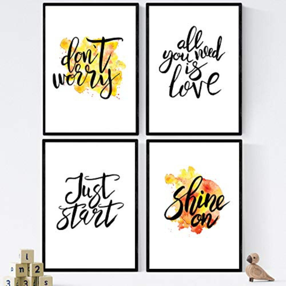 POSTER Set mit 4 glücklich und bunt Dont Worry A4 Rahmenlos - Klar, Papier (29.7/3cm) - Nacnic