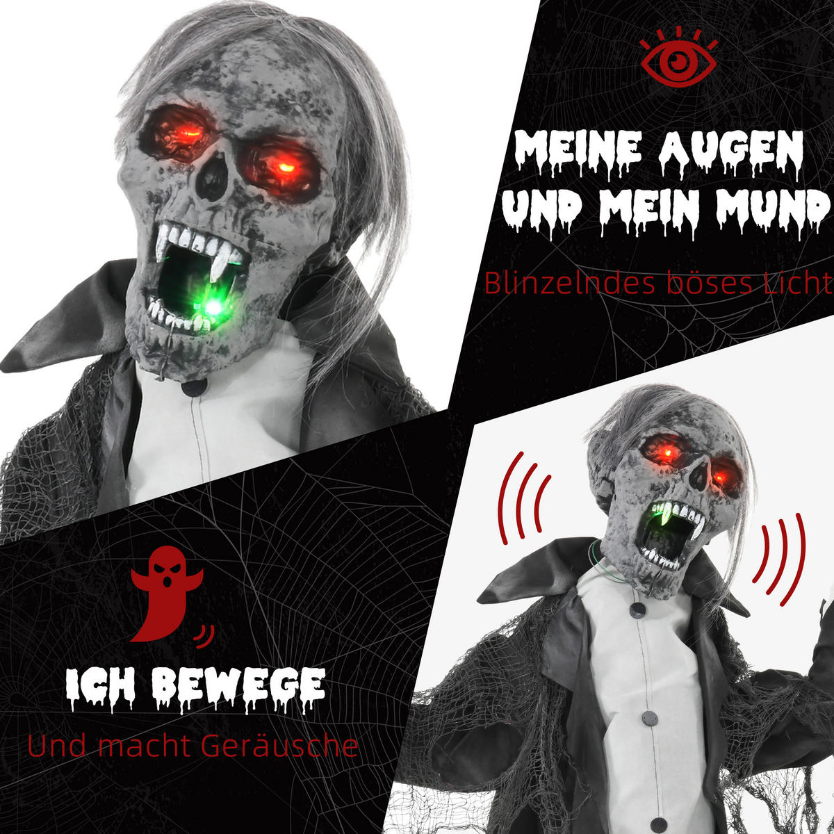 HALLOWEENDEKO DE-42074 Bewegliches Skelett/Zombie mit LED und Sound 75 cm - Dunkelgrau, Metall (102/75/32cm) - ComfortXL