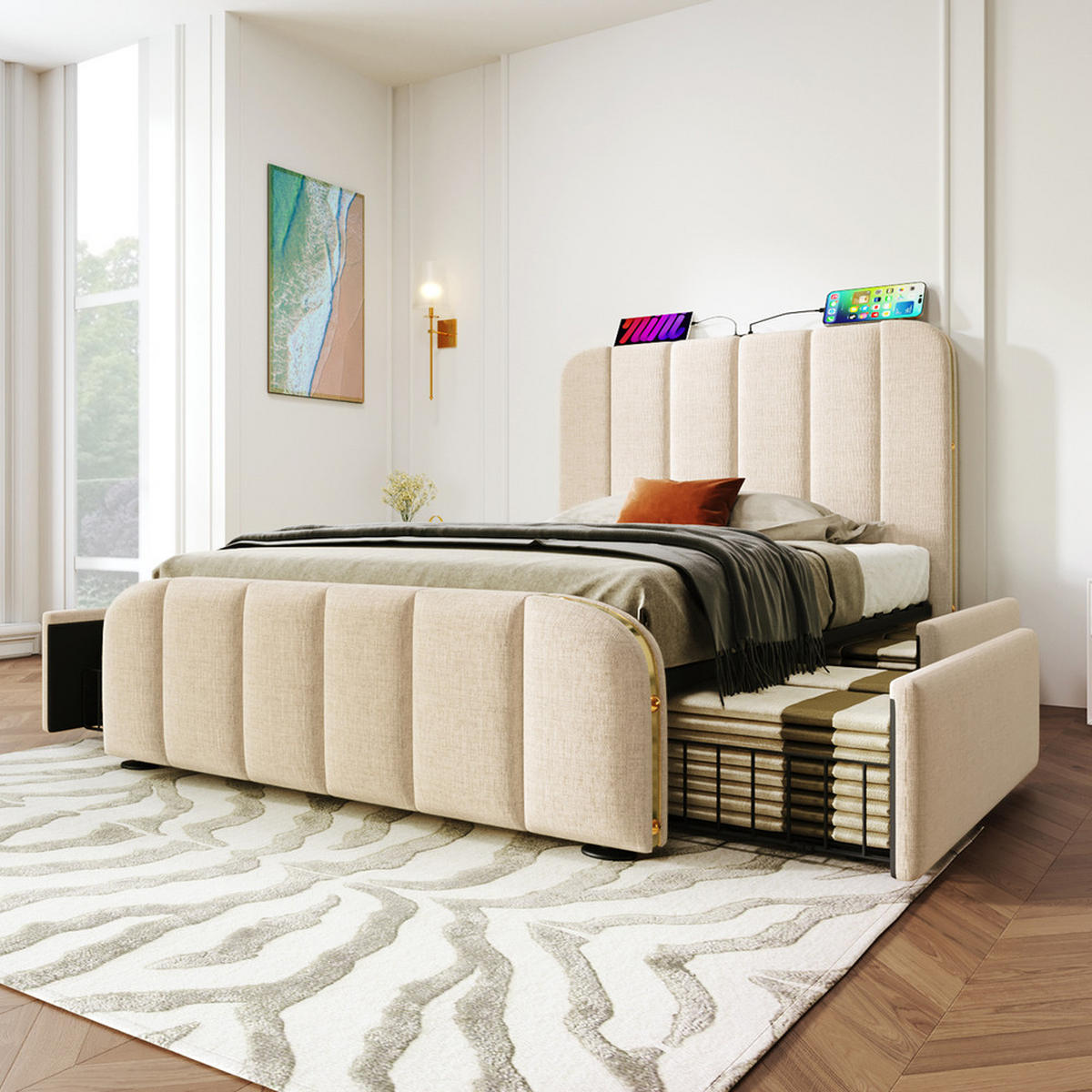 POLSTERBETT 90x200cm Einzelbett USB-C 4 Schubladen Goldstreifen Beige - Beige, Holz - FLIEKS