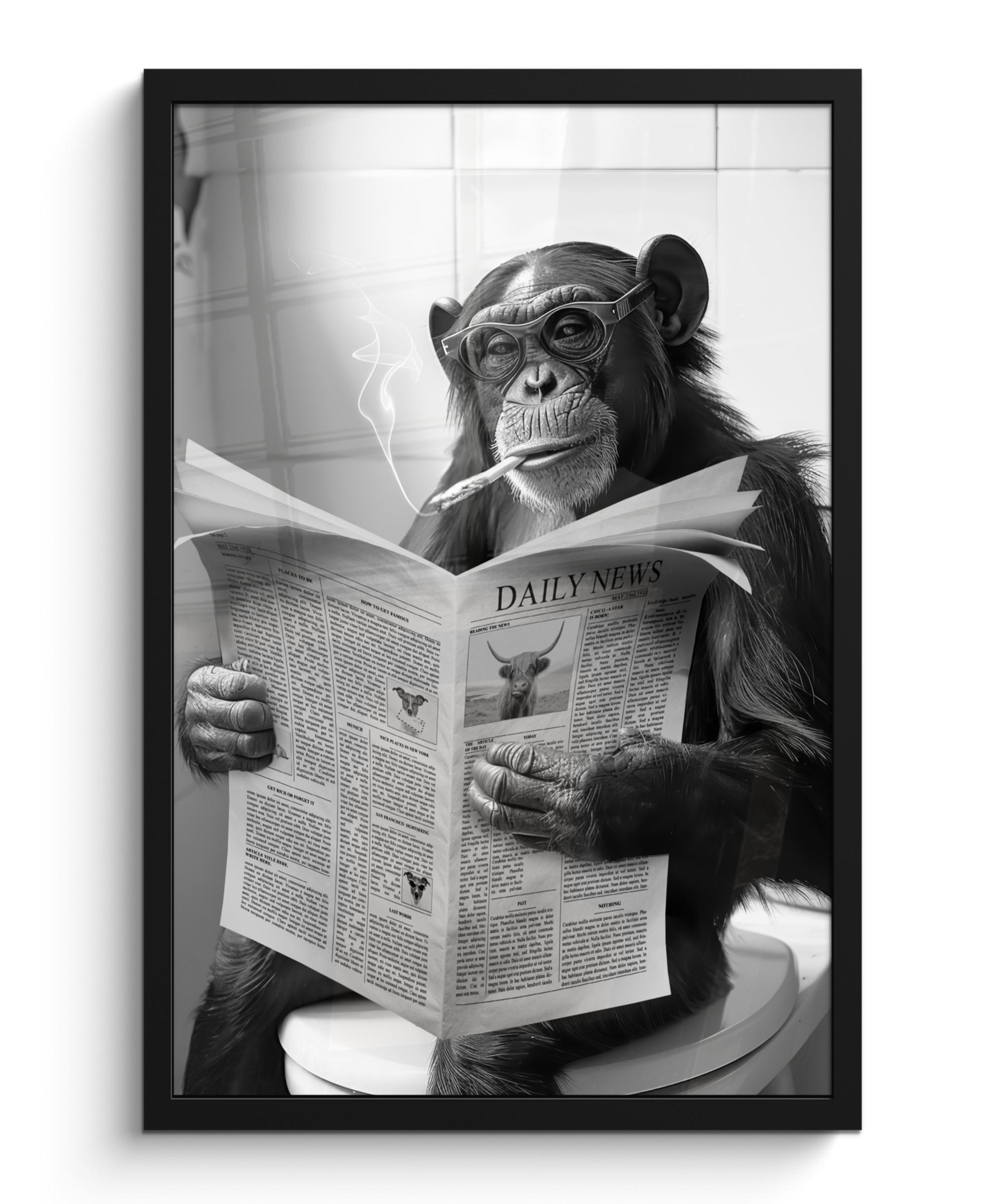 GERAHMTES BILD Affe - WC - Zeitung - Schwarz-Weiß - Humor 40x60 cm - Hellgrau, Papier (40/60cm) - MuchoWow