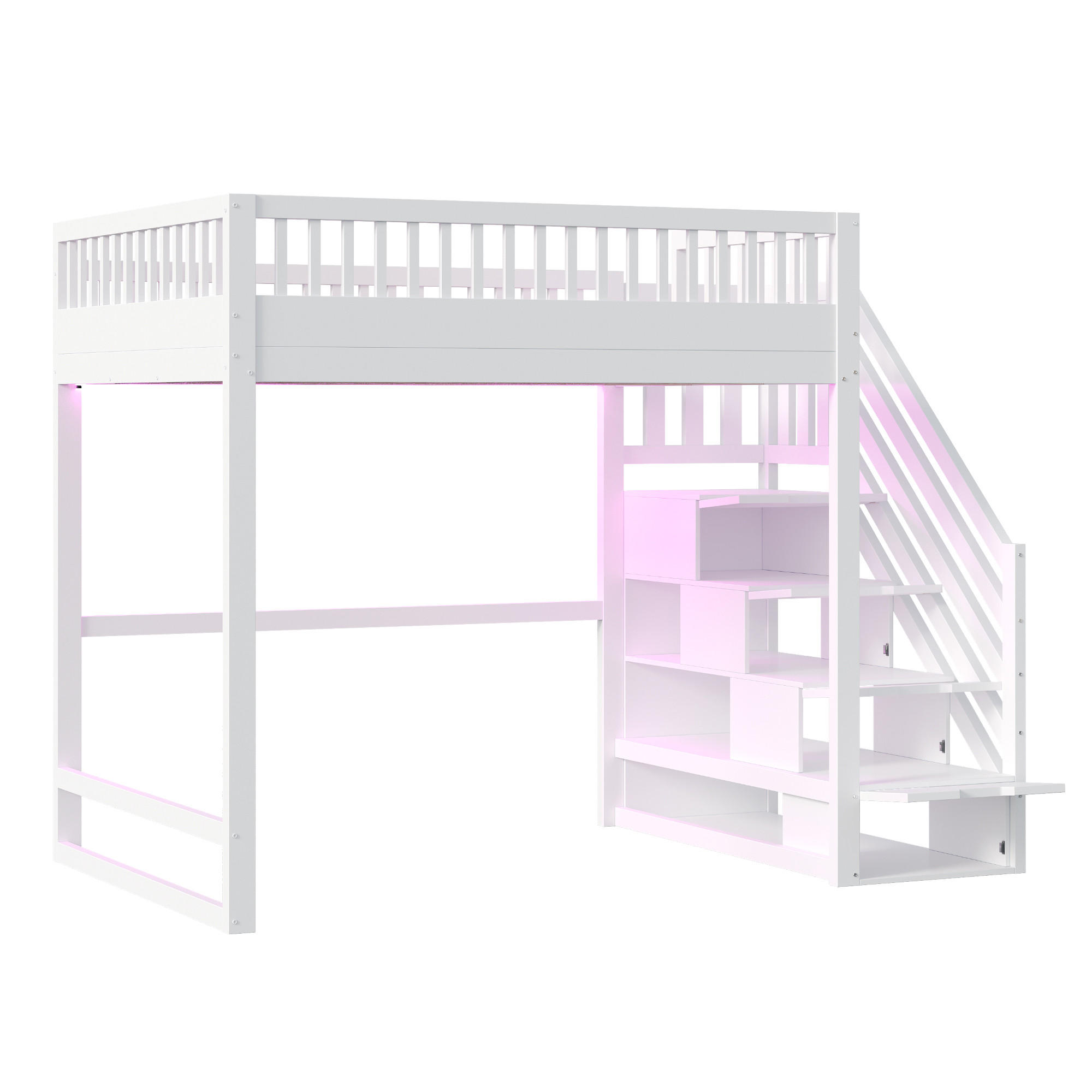 STILVORA HOCHBETT 140/200 cm in Weiß mit Stauraumtreppe und LED