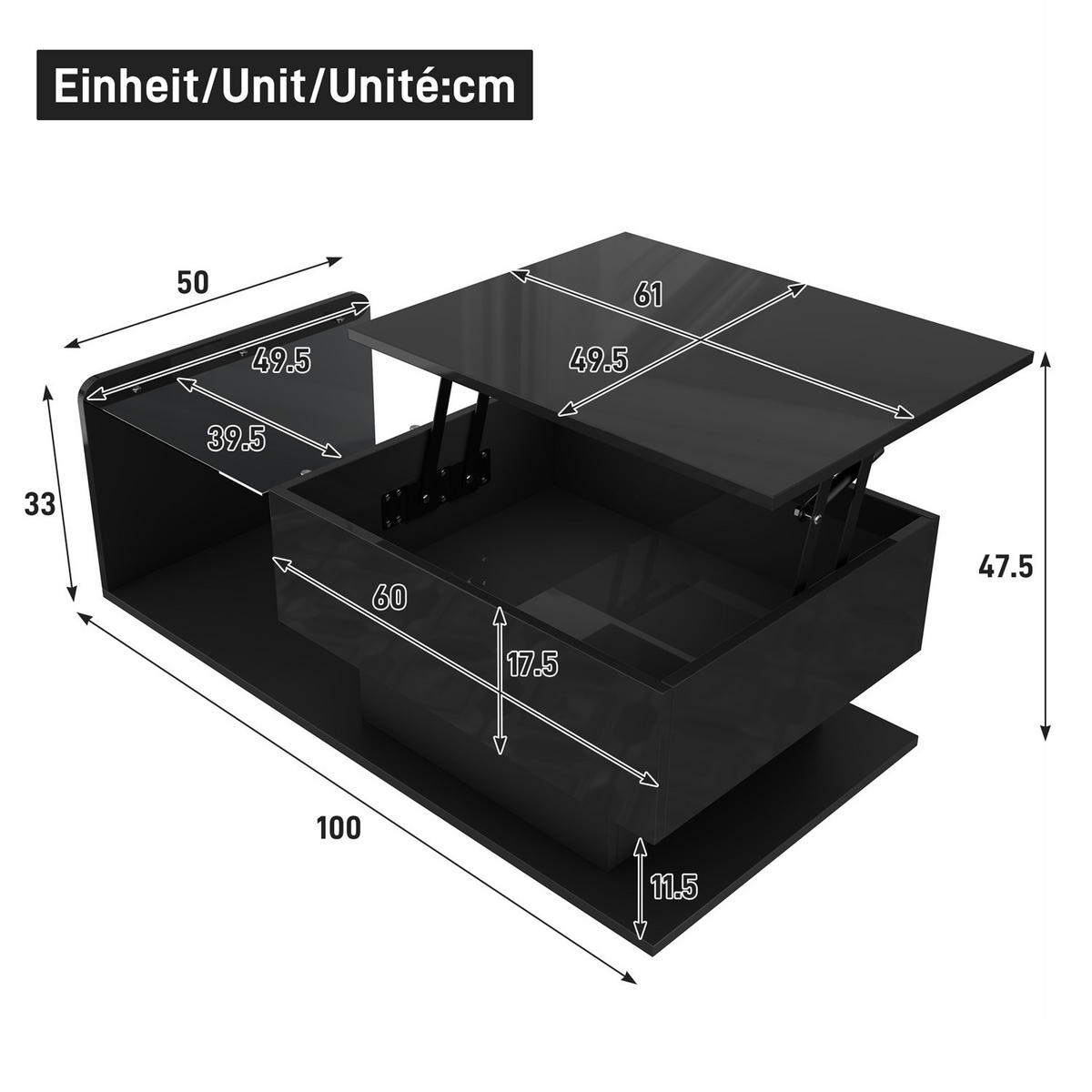 COUCHTISCH Hochglanz Glas LED Schwarz - Schwarz, Holz (100/50/47.5cm) - Kaket