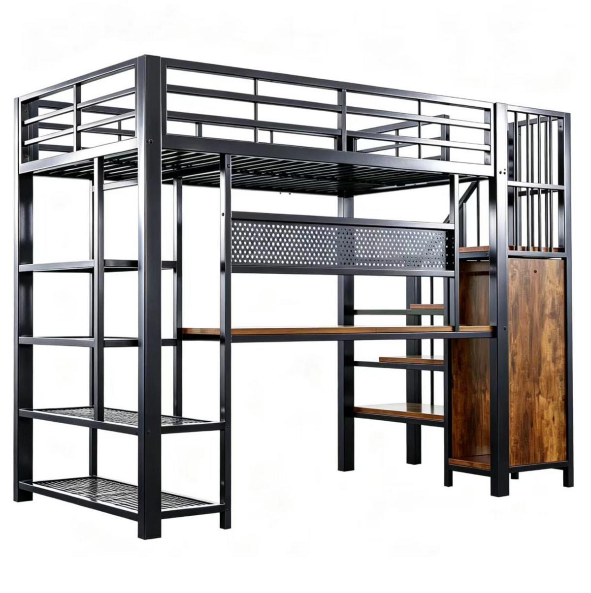 HOCHBETT 90/200 cm mit Stauraumtreppe, Schreibtisch, LED-Beleuchtung und Steckdose, Schwarz - Schwarz, Metall (90/200cm) - Redom