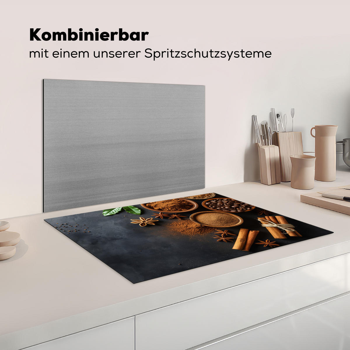 KRYT NA INDUKČNÍ DESKU Skořice - Beton - Káva - Skořicové tyčinky - Koření 75x52 cm - barva mokka, plast (75/52/0.2cm) - MuchoWow