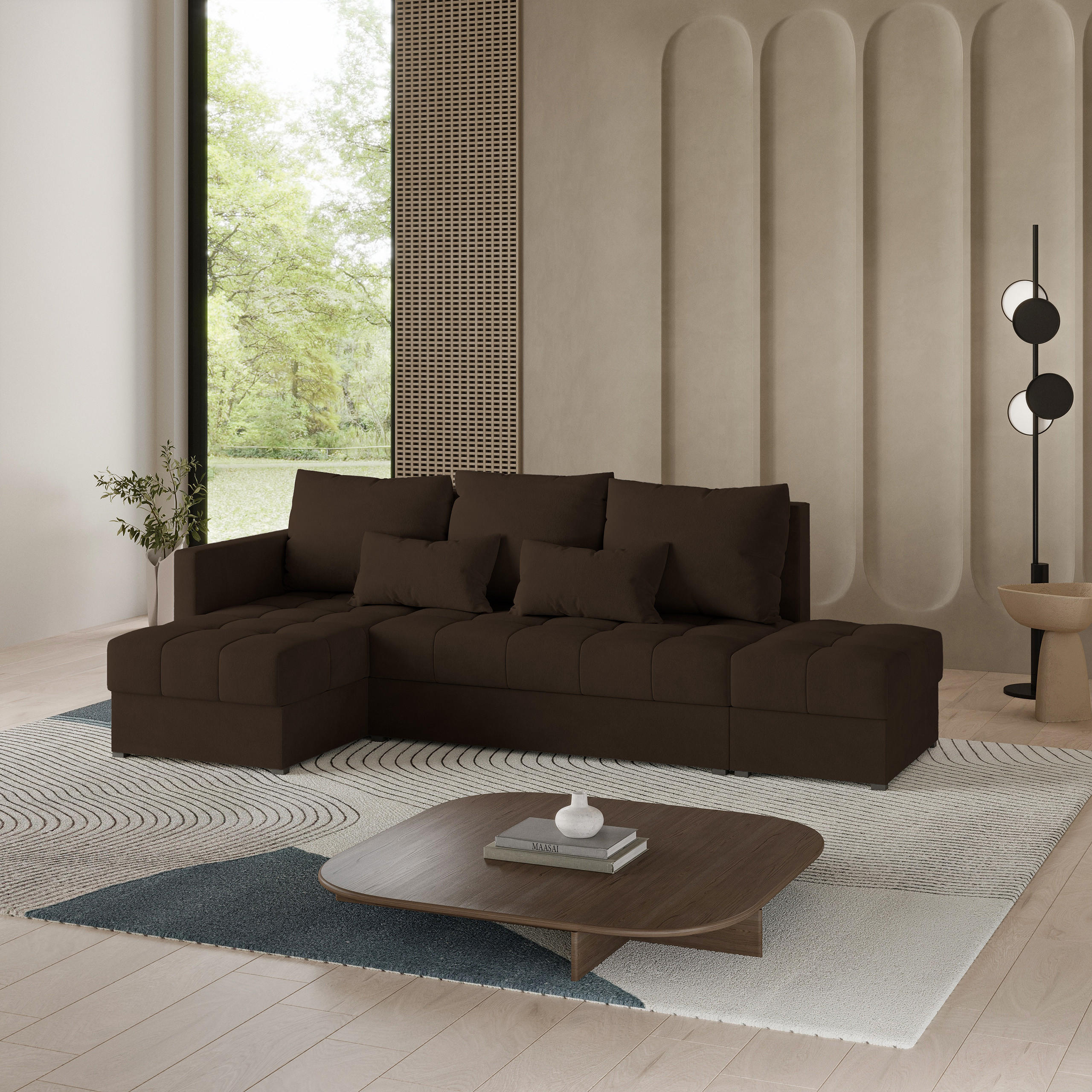 ECKSOFA LUMARI L-S Braun Plüsch-Stoff mit Schlaffunktion - Braun, Holz (262/143cm) - MASSENO