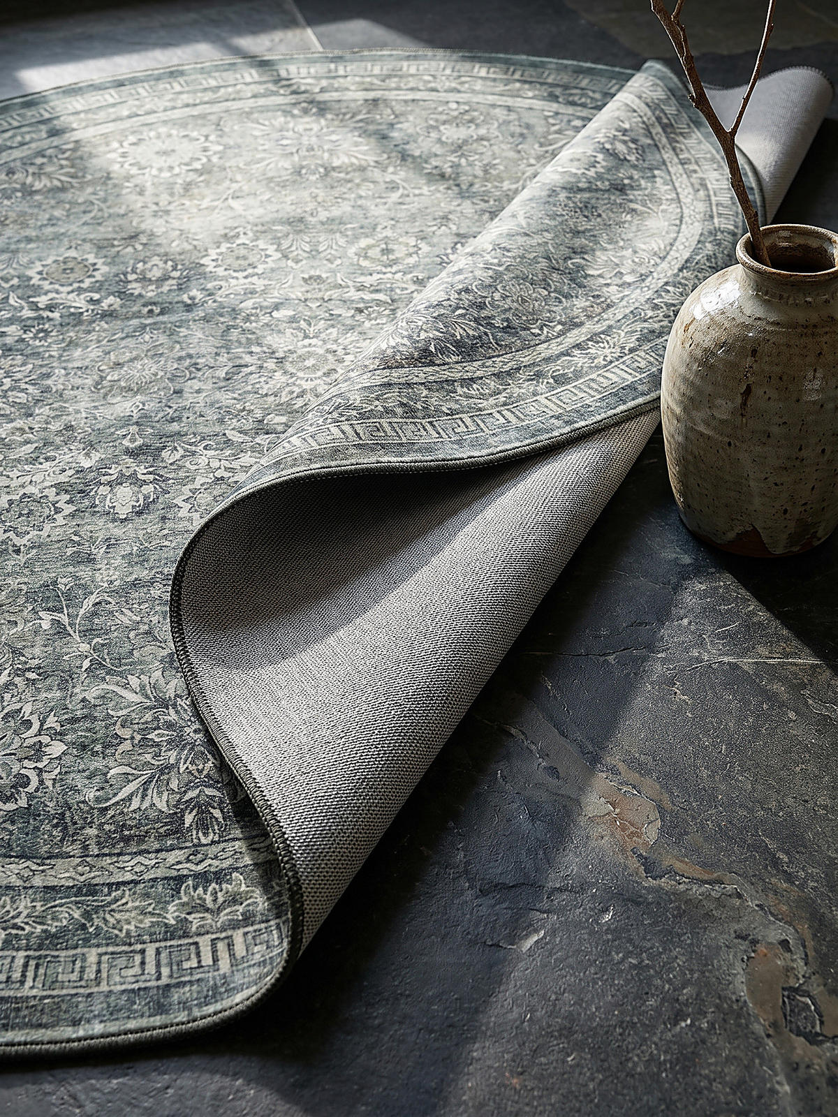 TEPPICH Kurzflor, waschbar, mit floralen Ornamenten, VERNANTE in Grün-Grau, Ø 120 cm - Grün, Textil (120/120cm) - KADIMA DESIGN
