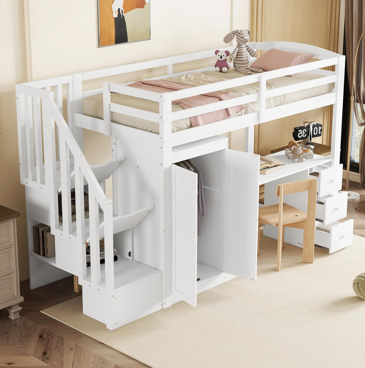 HOCHBETT 90/200 cm in Weiß mit Schreibtisch, Kleiderschrank und Stauraumtreppe - Weiß, Holzwerkstoff (90/200cm) - Flora Grace
