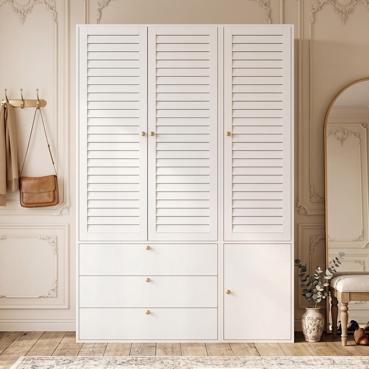 KLEIDERSCHRANK Weiß 3 Lamellentüren 3 Schubladen 2 Kleiderstangen Hosenhalter - Weiß, Holzwerkstoff (135/200/50cm) - Urban Meuble