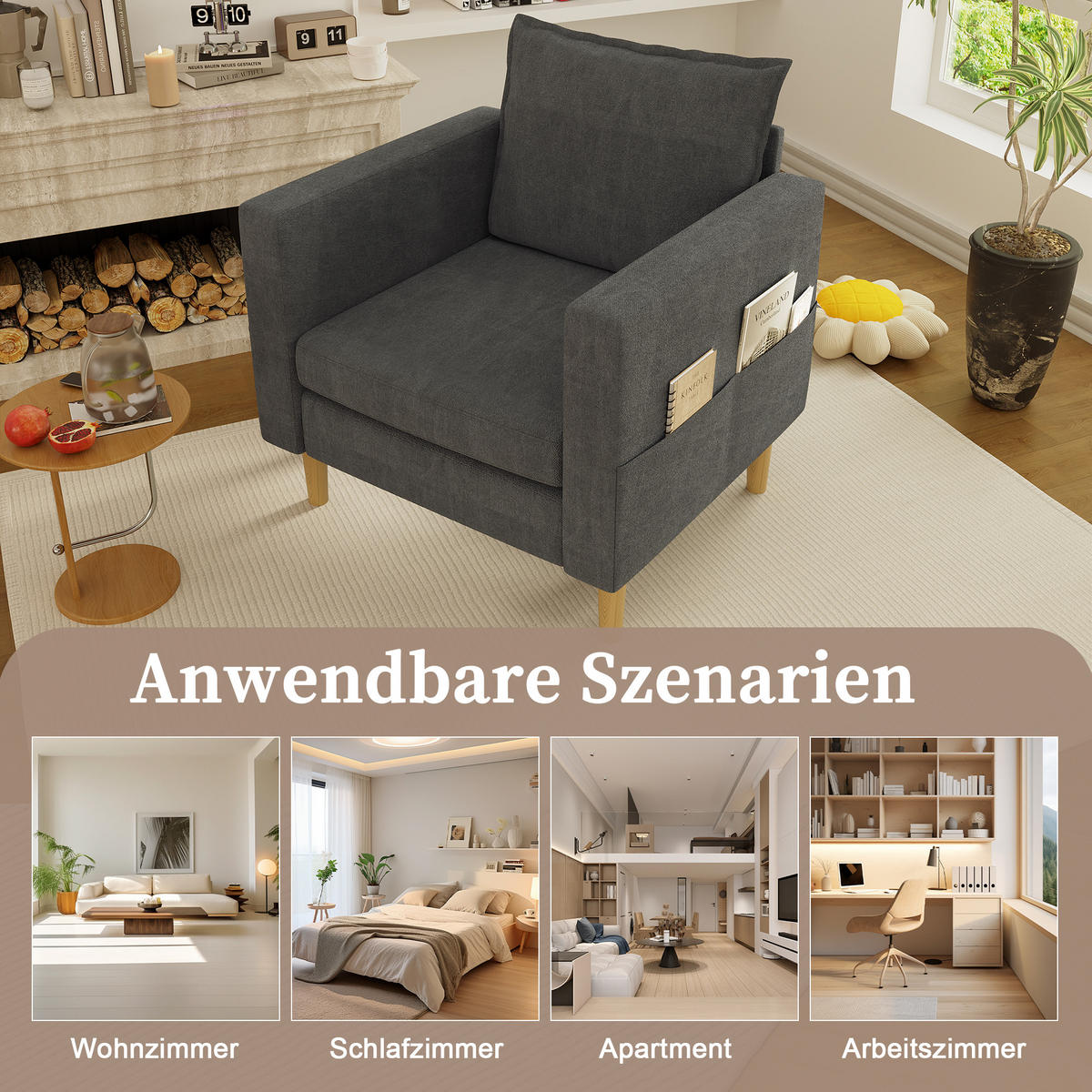 SESSEL Chenille Grau mit Seitentasche und Kissen - Grau, Holz/Holzwerkstoff (71/82/68cm) - WISHDOR