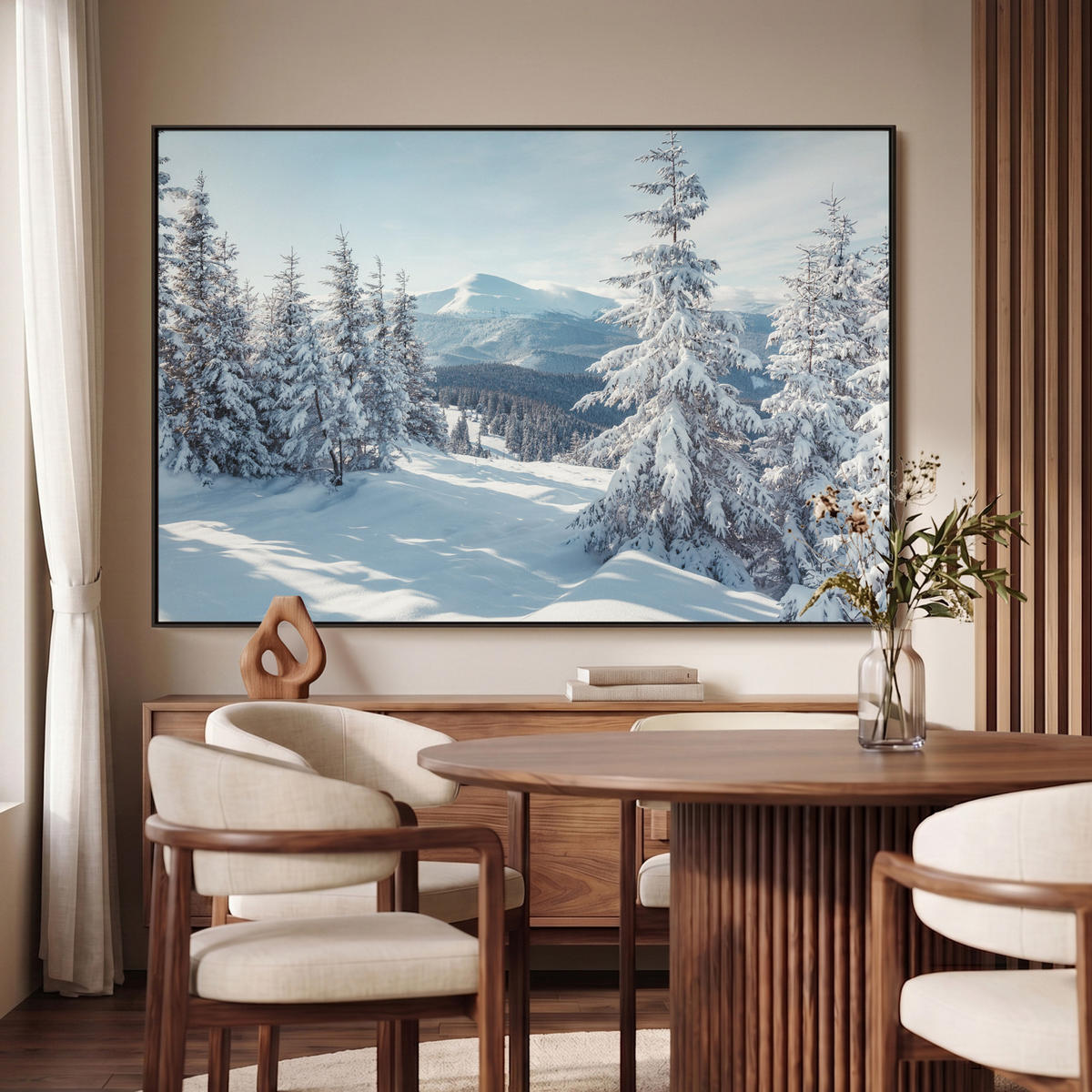 LEINWAND Bilder mit Rahmen - Winterlandschaft - Natur - Berge - Bäume - Schnee - 120x80 - Hellblau, Textil (120/80cm) - MuchoWow