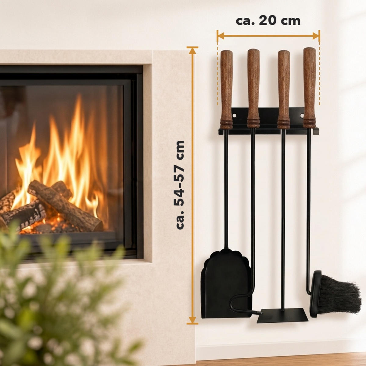 KAMINBESTECK Schwarz Braun 5-teilig - Schwarz, Holz/Metall (20/57/6.5cm) - Relaxdays