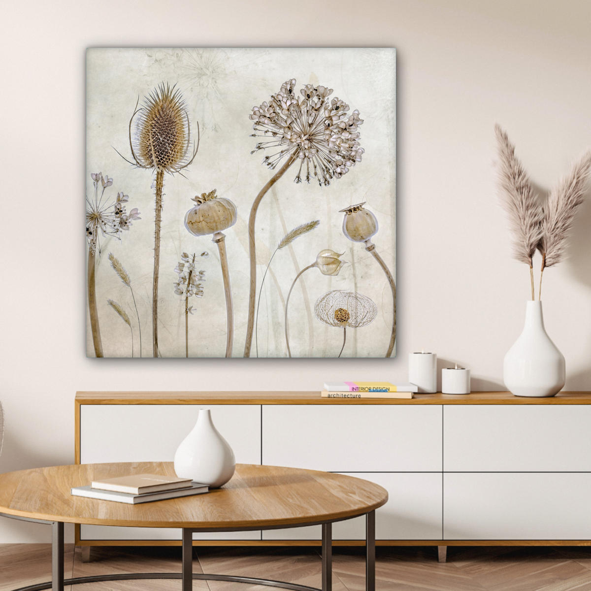 LEINWANDBILD Blumen - Aquarell - Stilleben - Braun - Vintage 90x90 cm - Beige, Textil (90/90cm) - MuchoWow