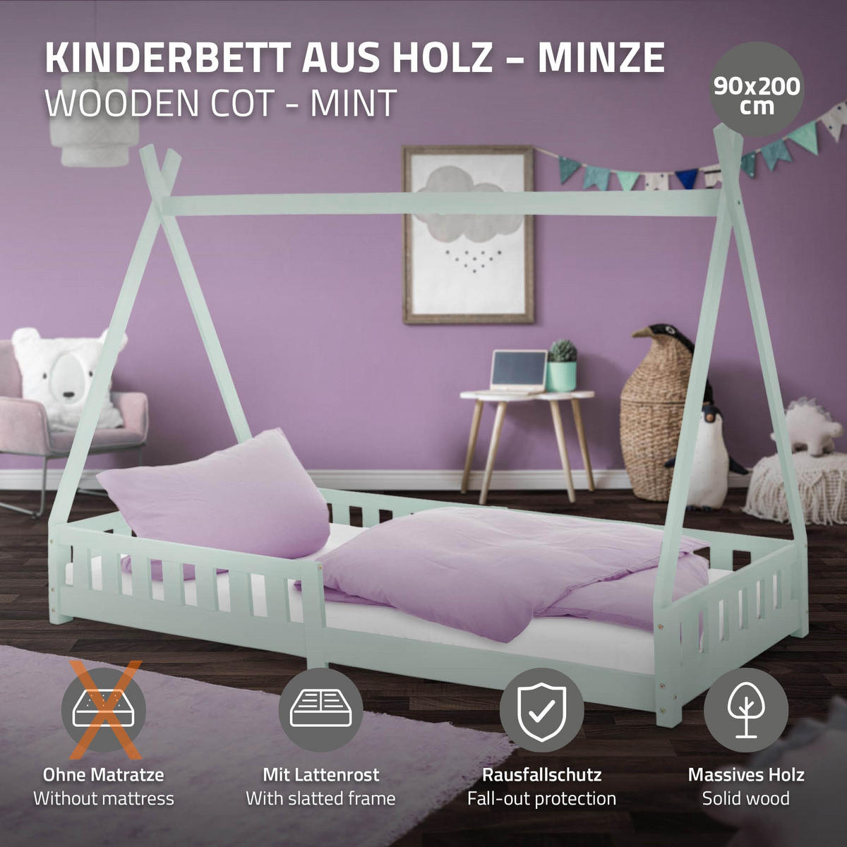 KINDERBETT Tipi 90x200 cm Mint - Mintgrün, Holz (90/200cm) - ML-DESIGN