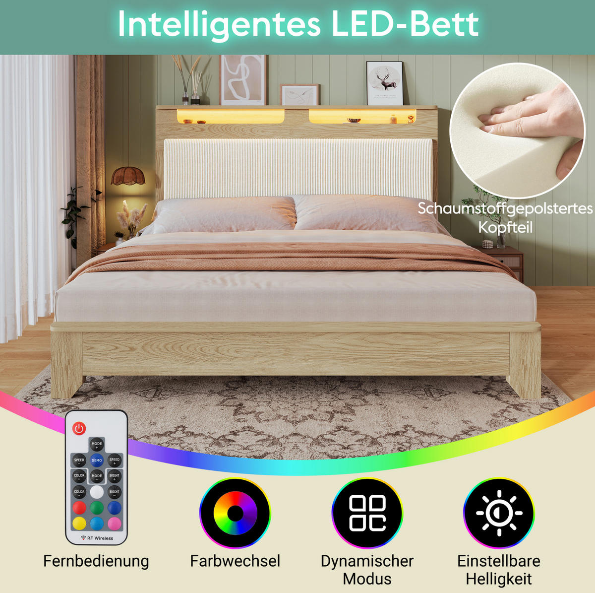 DVOJLŮŽKOVÁ postel 140/200 cm béžová z cordu a dřeva s LED osvětlením a úložnou lavicí - béžová, textil (140/200cm) - OKWISH